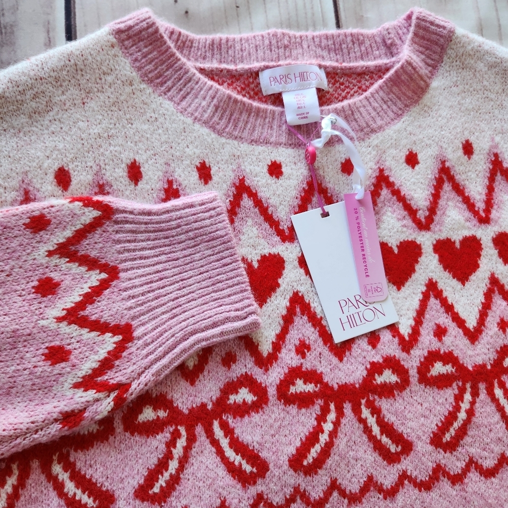 NWT Paris Hilton Pullover Crewneck Sweater Pink Hearts Bows | Women's Size L - Picture 3 of 9
